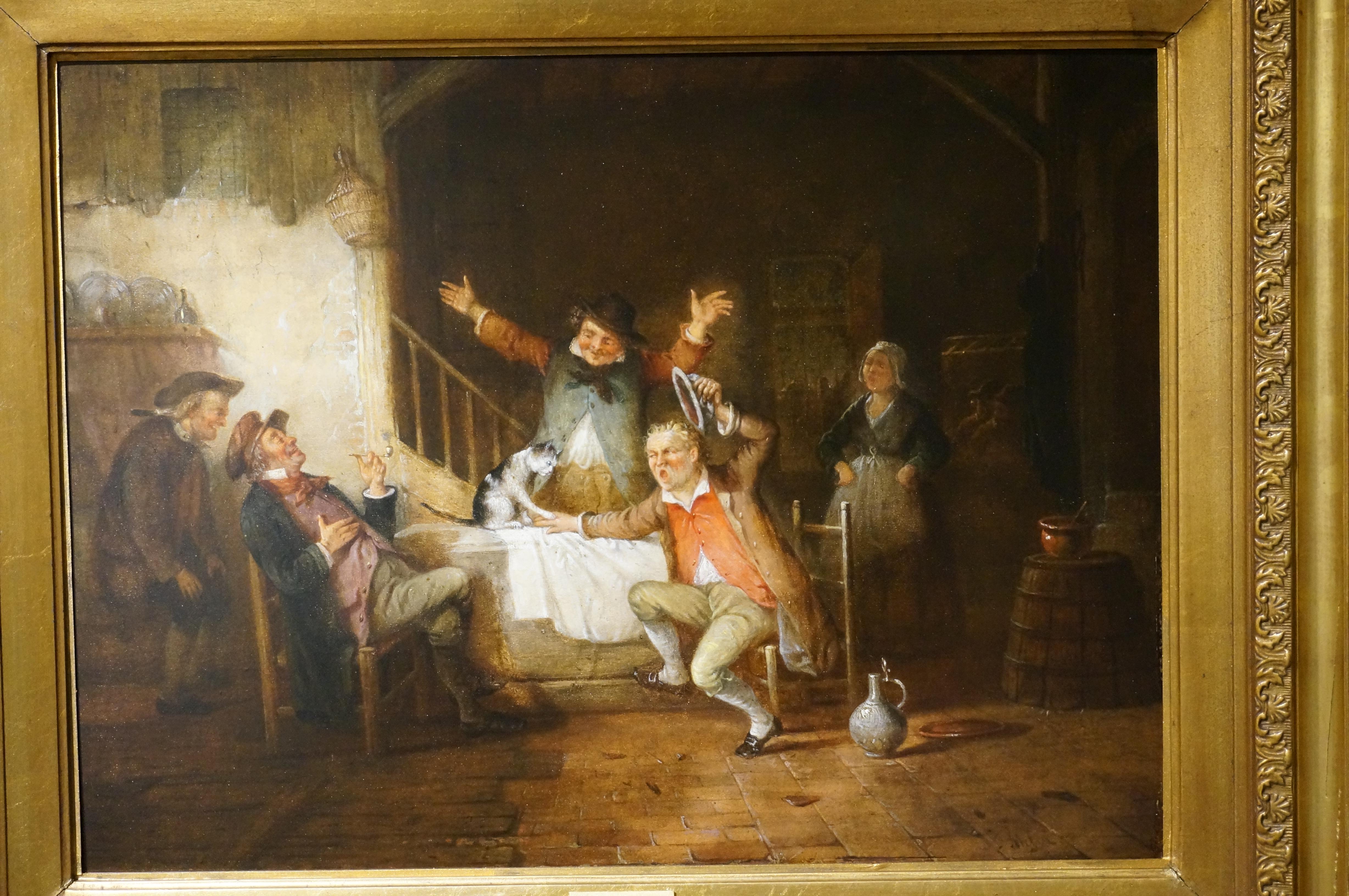 Antique oil painting on panel, interior scene with a cat, Belgium, 19th century For Sale 11