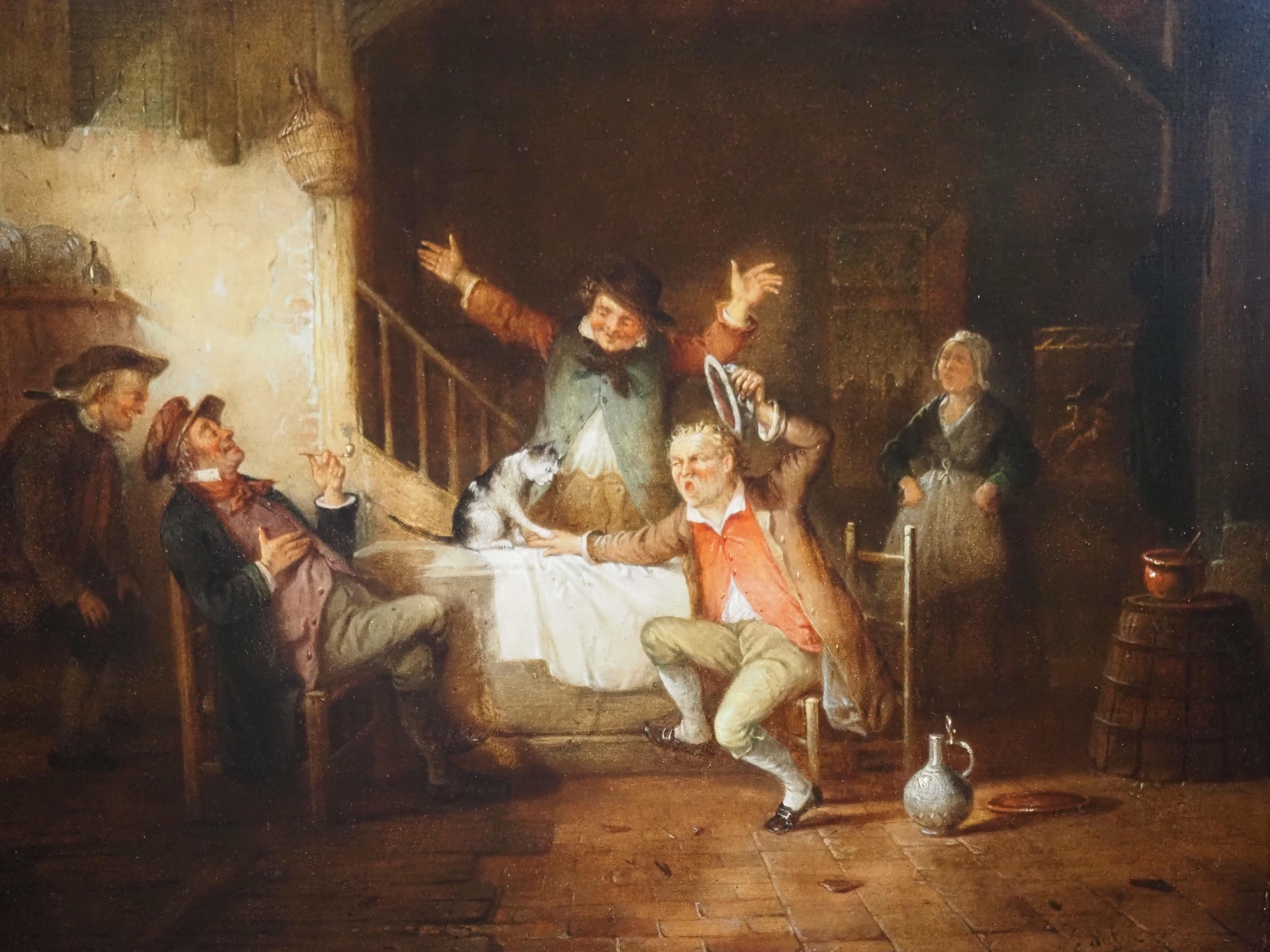 Antique oil painting on panel, interior scene with a cat, Belgium, 19th century - Painting by Franciscus Melzer