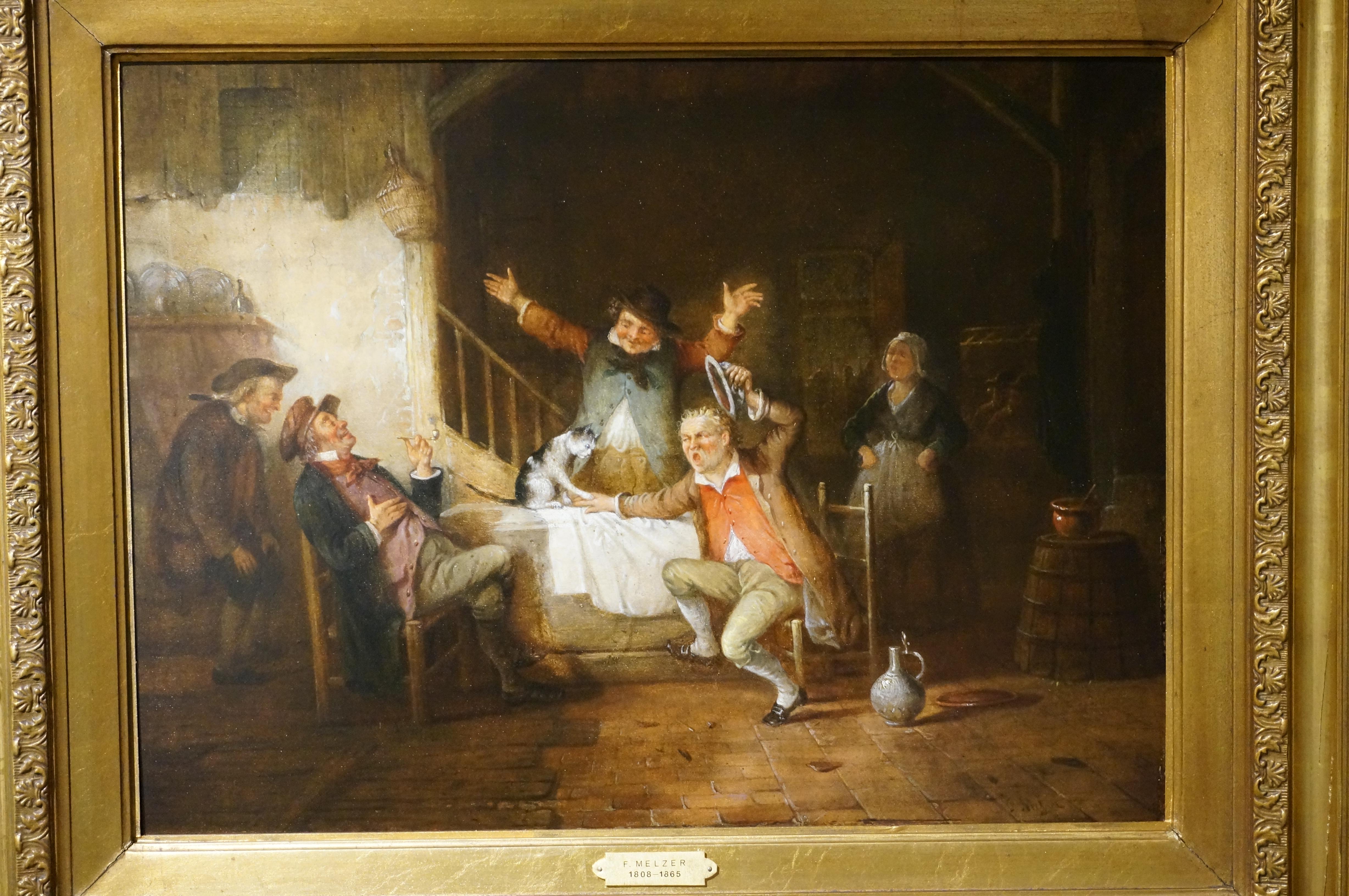 Antique oil painting on panel, interior scene with a cat, Belgium, 19th century For Sale 12