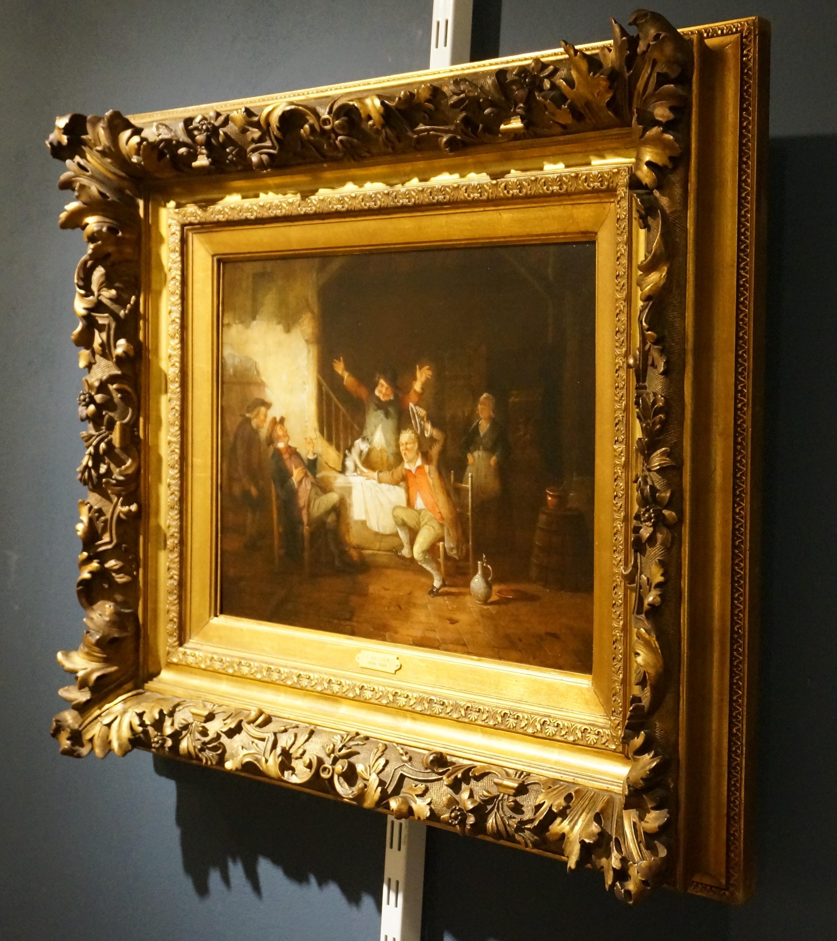 Antique oil painting on panel, interior scene with a cat, Belgium, 19th century For Sale 16