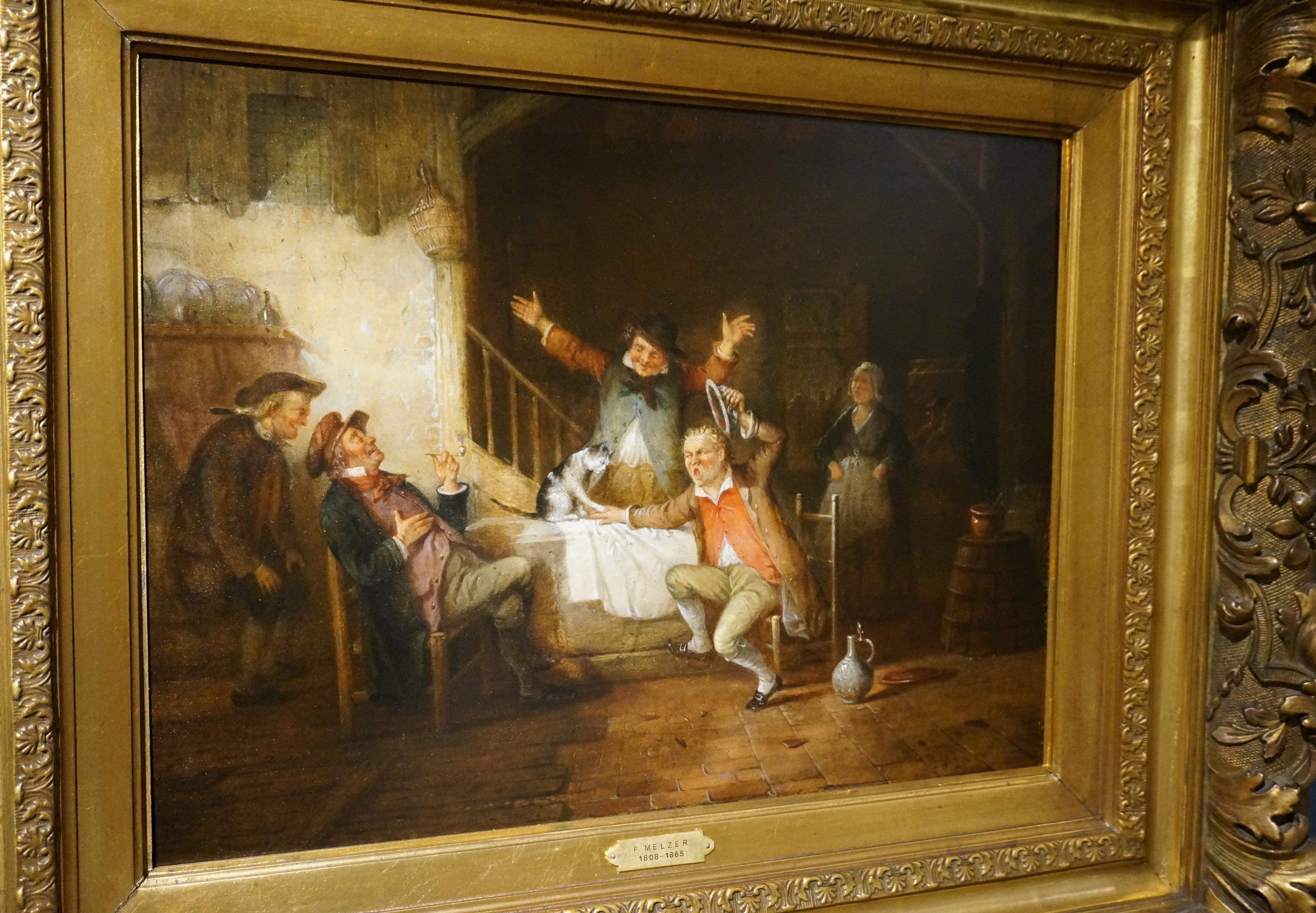 Antique oil painting on panel, interior scene with a cat, Belgium, 19th century For Sale 13