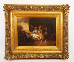 Antigua pintura al óleo sobre tabla, escena interior con un gato, Bélgica, siglo XIX