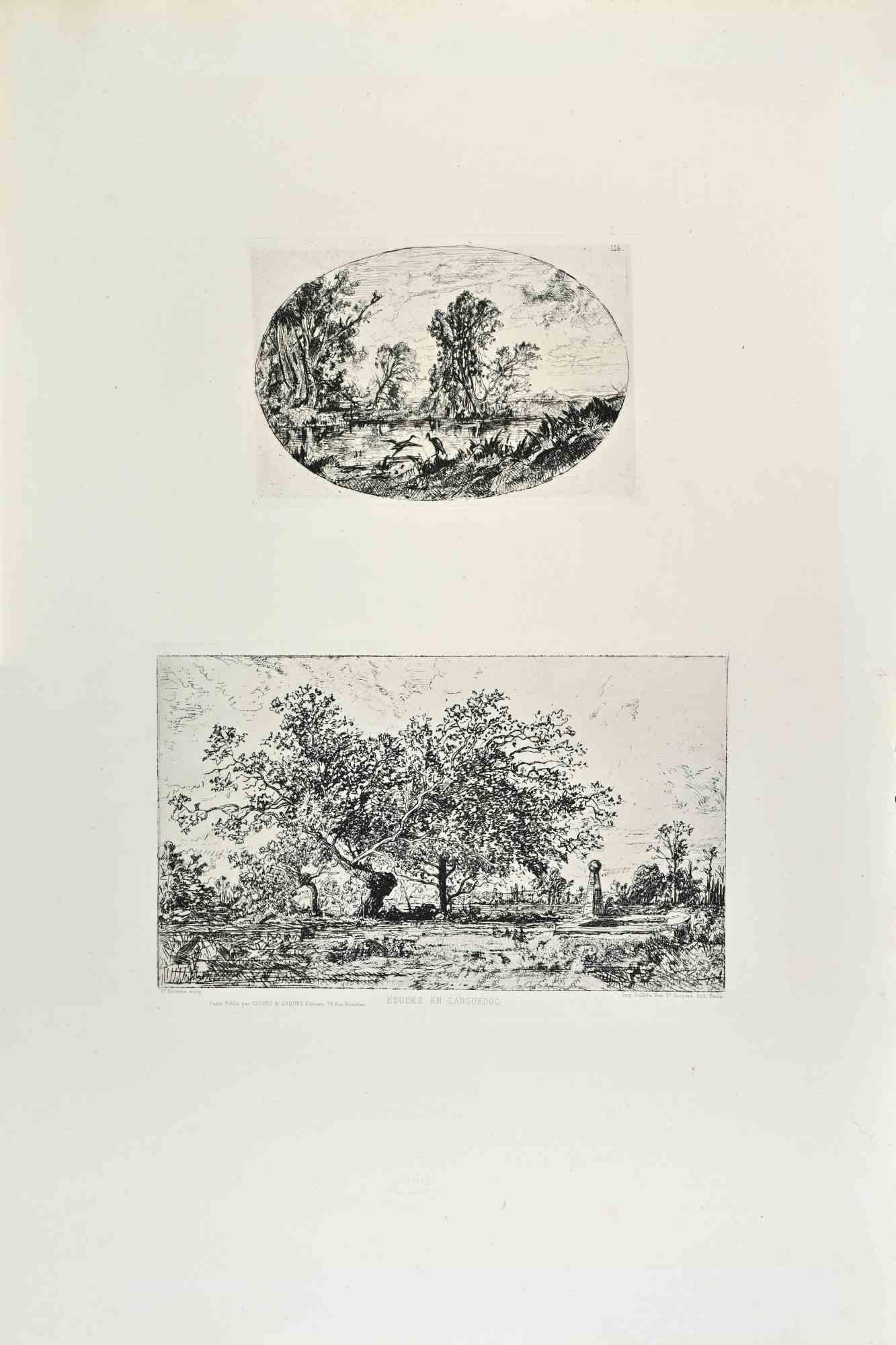 Etudes en Languedoc is a black and white etching realized by Francisque de Saint-Etienne (1824-1885) in 1870s.

Titled in the lower.

Top image size: 16cmx11cm.

Image below size: 15cmx24cm.

Very Good condition.

Realized by Cadart for the "Société