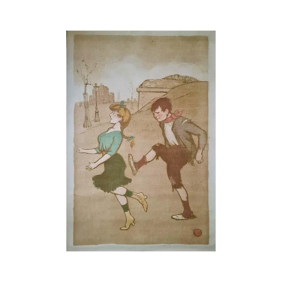 Circa 1910 original lithography by Francisque Poulbot - Nany et Lona For Sale 1