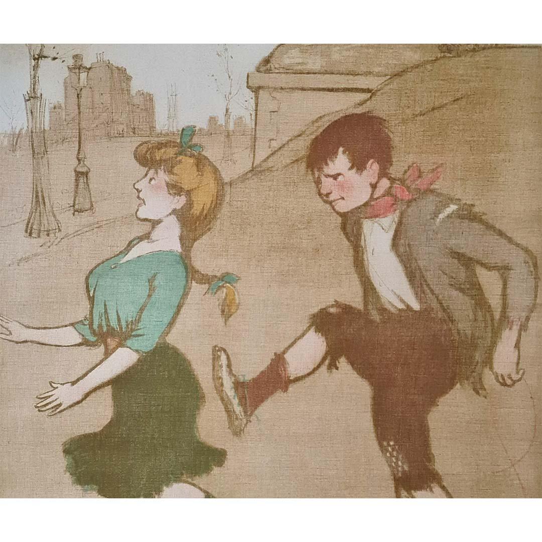 Circa 1910 original lithography by Francisque Poulbot - Nany et Lona For Sale 2