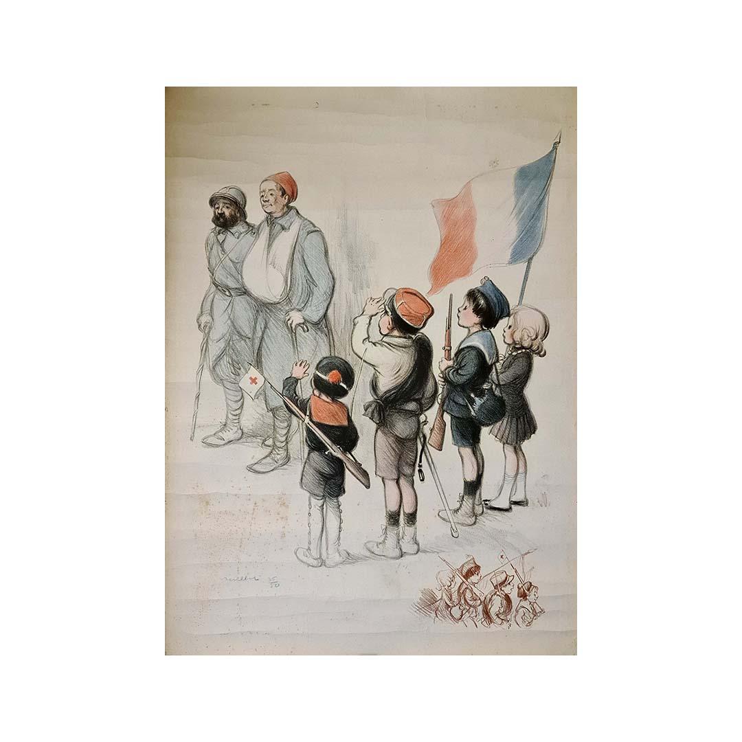 Original lithograph by Poulbot of a scene from the first world war. This lithogr