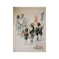 Antique Original lithograph by Poulbot of a scene from the first world war. This lithogr