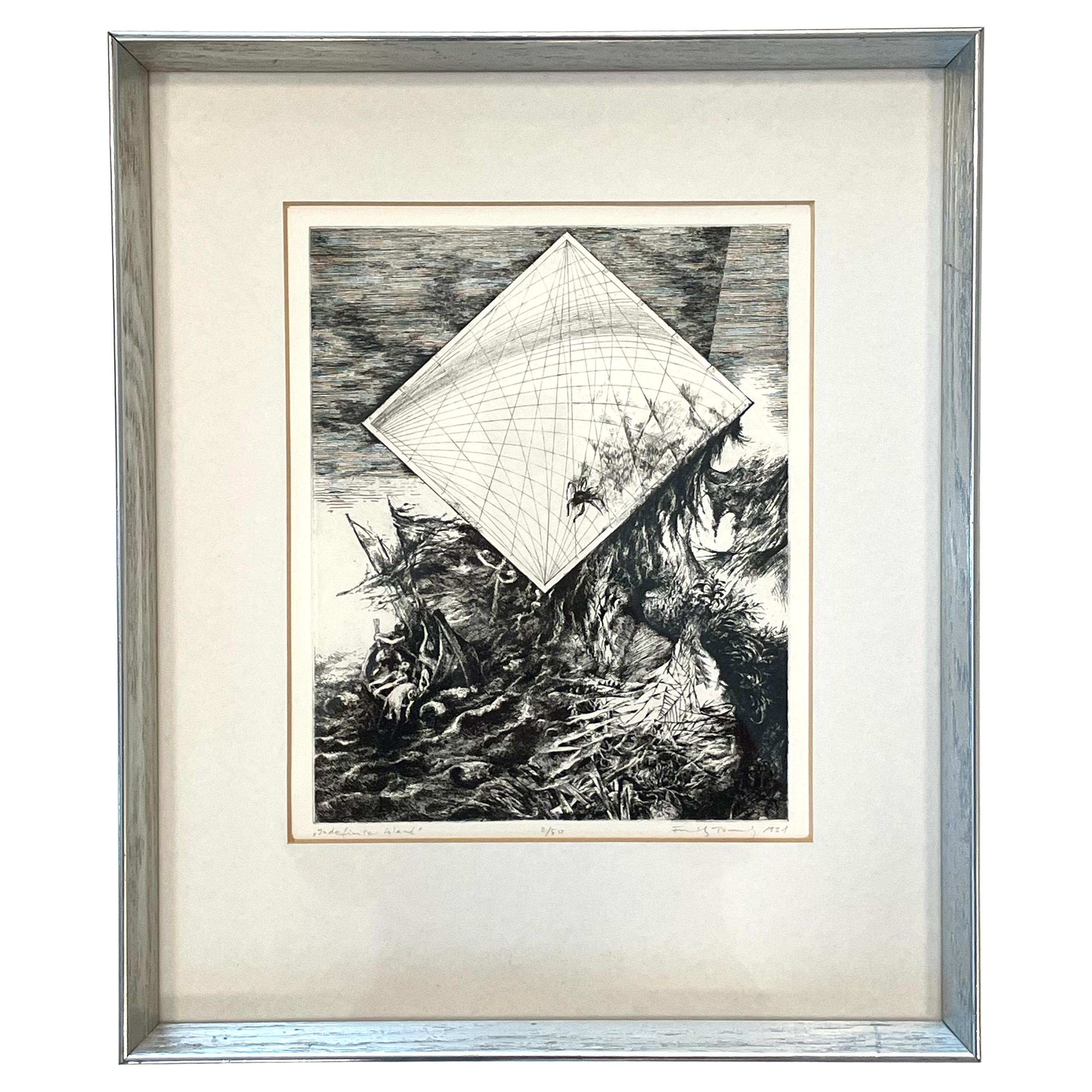 Franciszek Bunsch (1926-2025) gravure originale, "Île indéfinie", surréalisme en vente