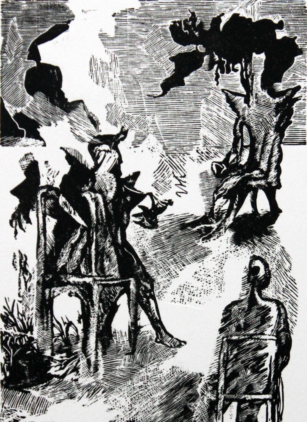 Diálogo de locos. Grabado en blanco y negro, Figurativo, Artista polaco