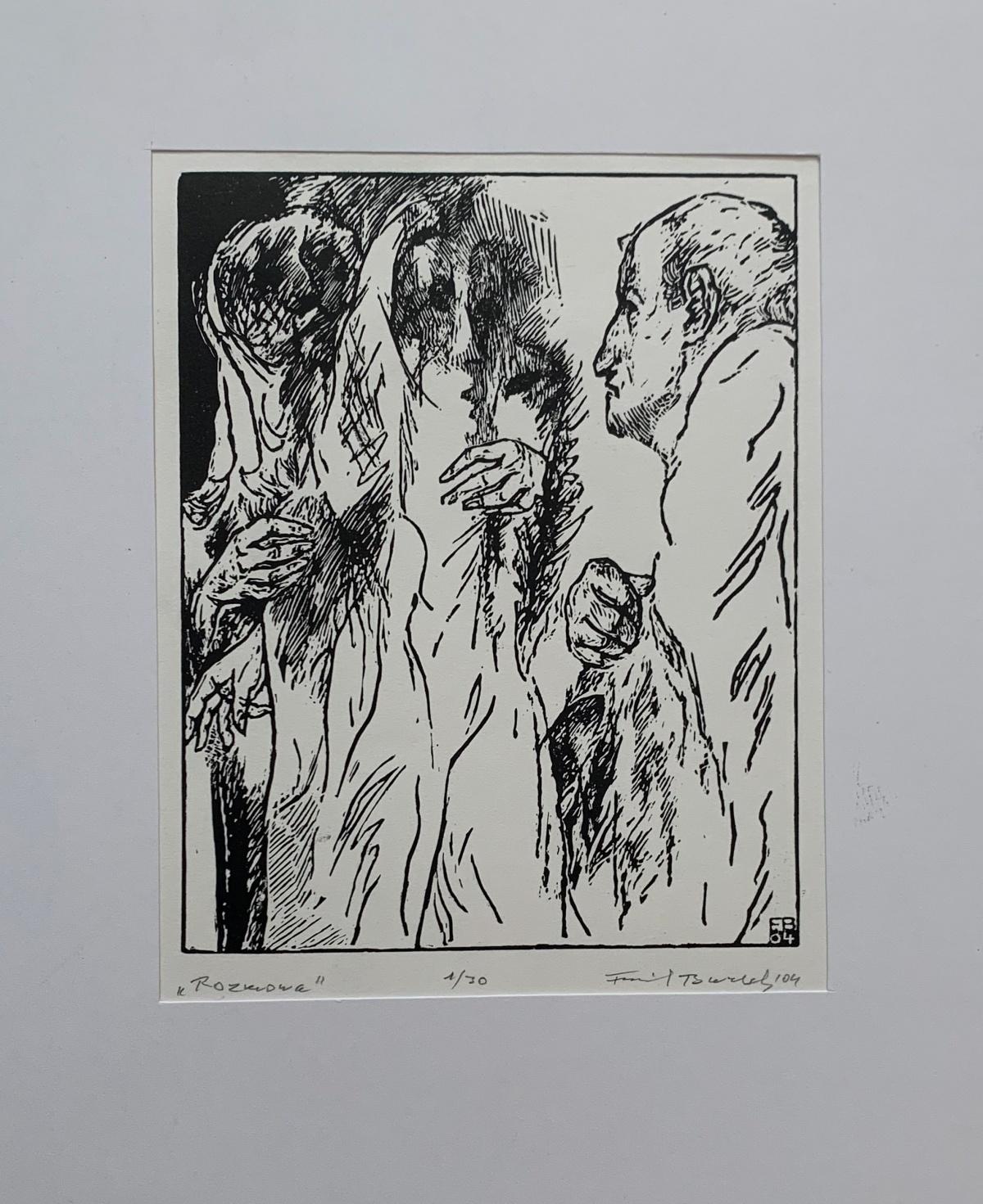 A conversation - Black and white linocut, Figurative - Print by Franciszek Bunsch