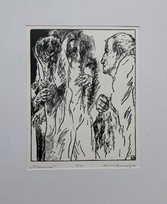 Una conversación - Linograbado en blanco y negro, Figurativo