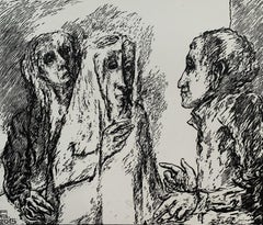 A conversation - Black and white linocut, Figurative, Horizontal