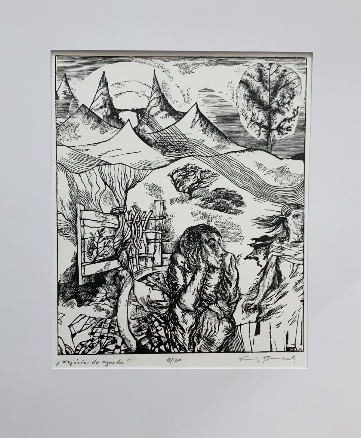 Entrada al jardín. Xilografía en blanco y negro, Figurativo, Artista polaco - Print de Franciszek Bunsch