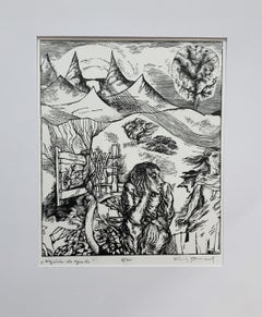 Entrance to garden. Black and white woodcut, Figurative, Polish artist