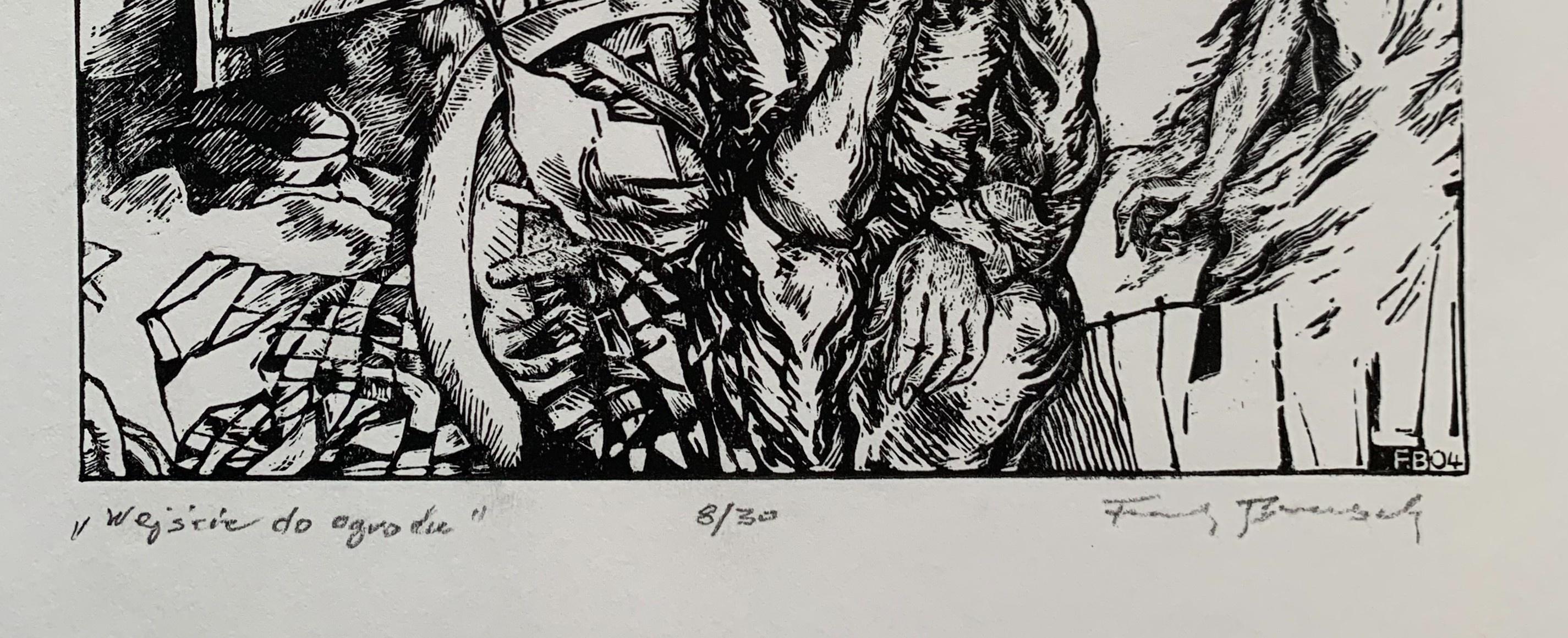 Entrada al jardín. Xilografía en blanco y negro, Figurativo, Artista polaco - Print Otro estilo de arte de Franciszek Bunsch
