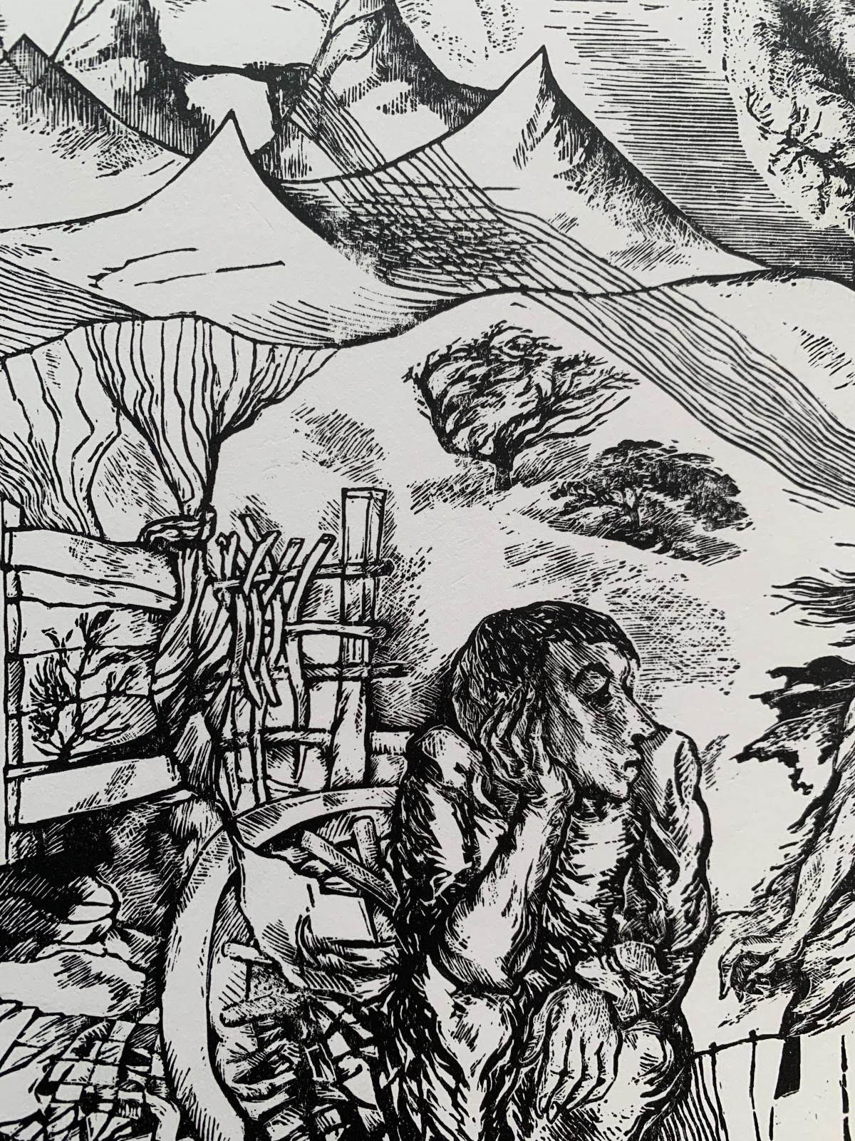Entrada al jardín. Xilografía en blanco y negro, Figurativo, Artista polaco - Figurative Print Gris de Franciszek Bunsch