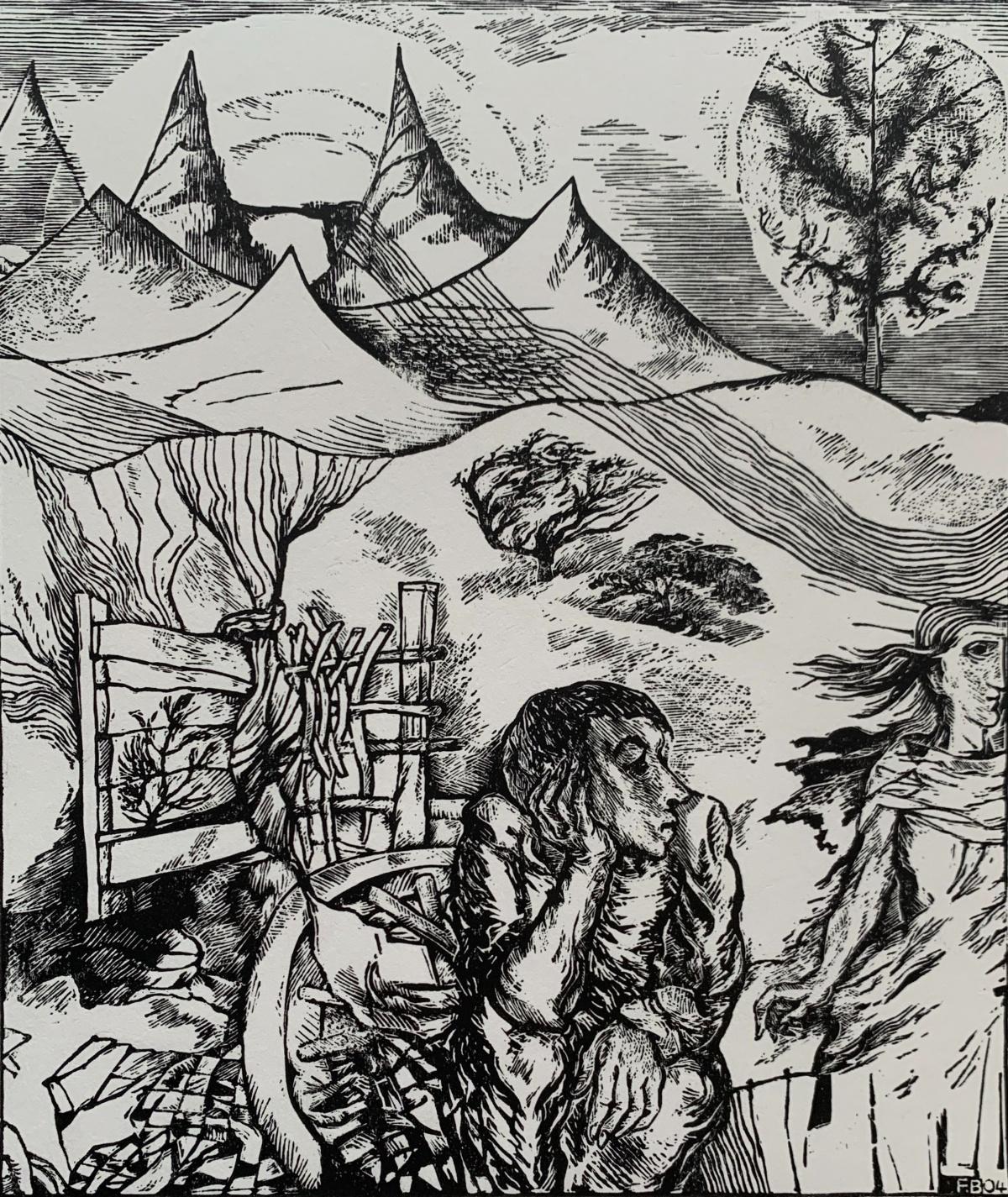 Figurative Print de Franciszek Bunsch - Entrada al jardín. Xilografía en blanco y negro, Figurativo, Artista polaco