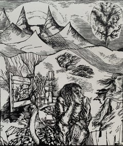 Entrada al jardín. Xilografía en blanco y negro, Figurativo, Artista polaco
