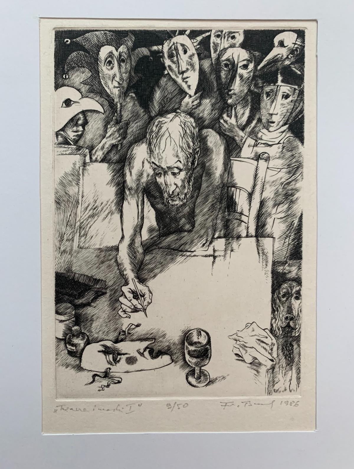 Caras y máscaras. Grabado en blanco y negro, Figurativo, Artista polaco - Print de Franciszek Bunsch