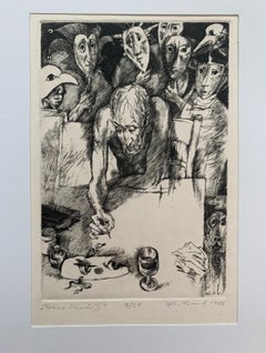 Caras y máscaras. Grabado en blanco y negro, Figurativo, Artista polaco