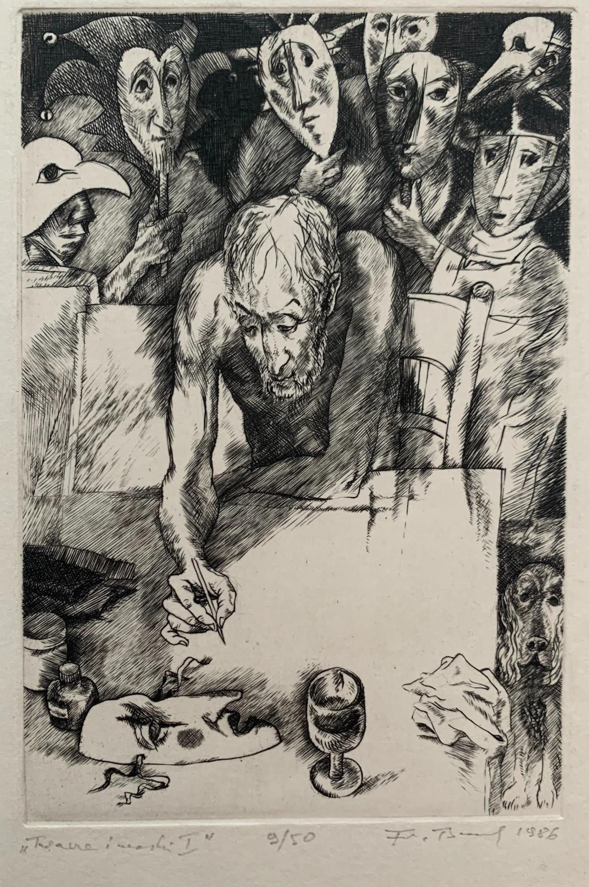 Caras y máscaras. Grabado en blanco y negro, Figurativo, Artista polaco - Print Otro estilo de arte de Franciszek Bunsch