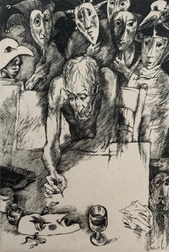 Caras y máscaras. Grabado en blanco y negro, Figurativo, Artista polaco
