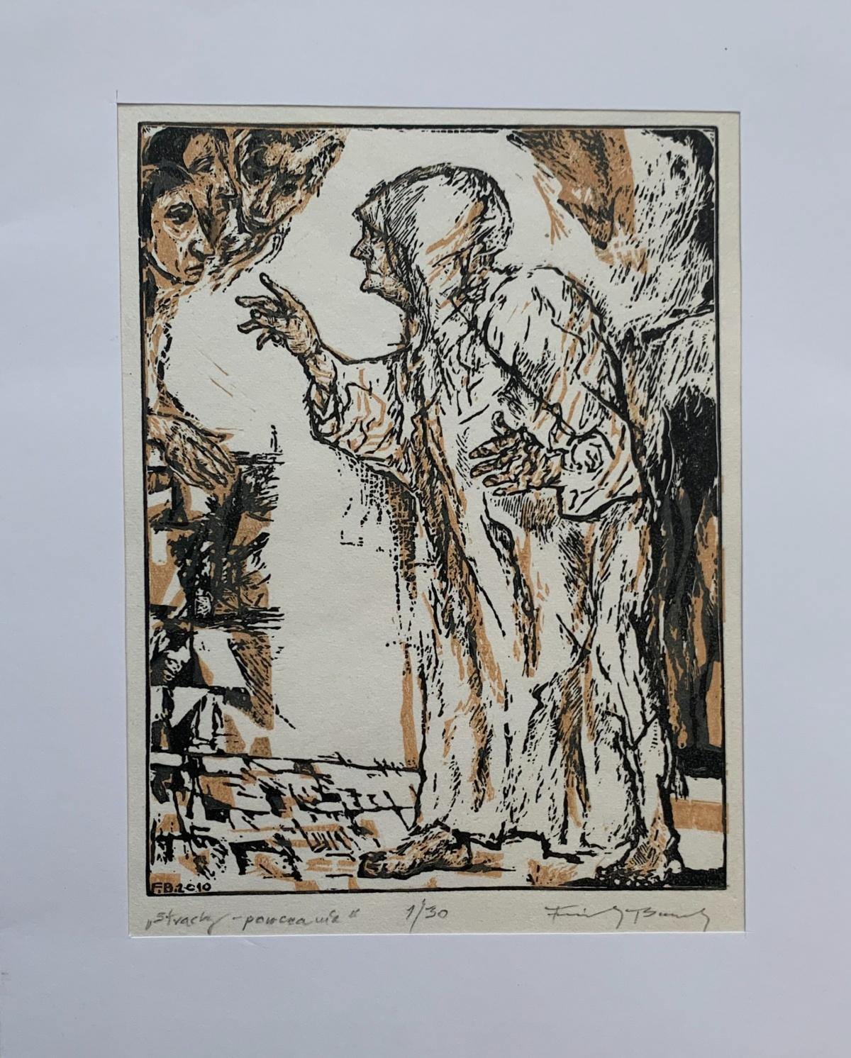 Le paure: una lezione. Bianco e nero, linodcut arancione, Figurativo, Artista polacco - Print di Franciszek Bunsch