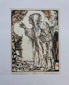 Fears - a lesson. Black and white, orange linodcut, Figurative, Polish artist