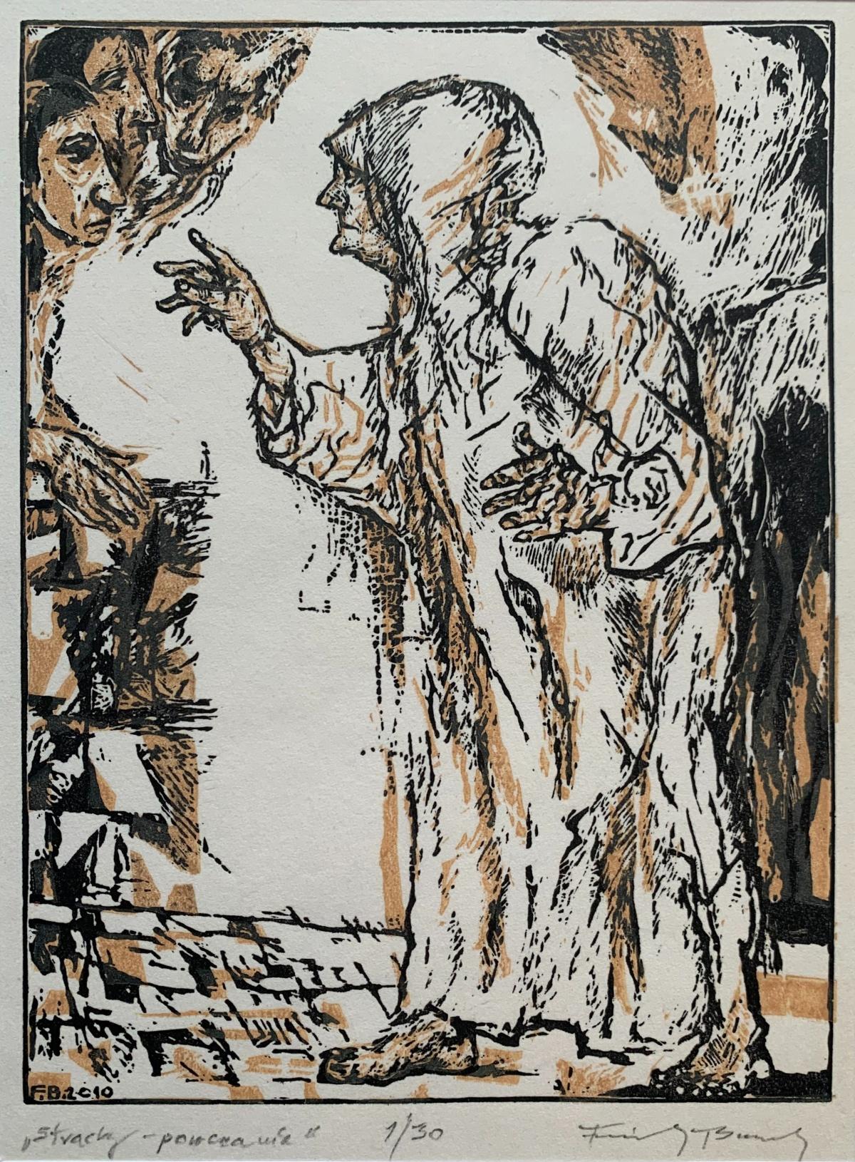 Le paure: una lezione. Bianco e nero, linodcut arancione, Figurativo, Artista polacco - Print Altro stile artistico di Franciszek Bunsch