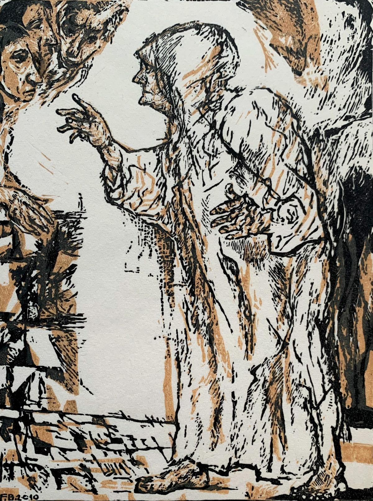 Figurative Print di Franciszek Bunsch - Le paure: una lezione. Bianco e nero, linodcut arancione, Figurativo, Artista polacco