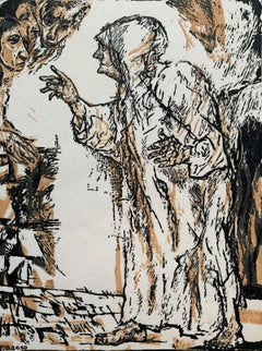 Fears - a lesson. Black and white, orange linodcut, Figurative, Polish artist