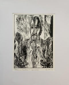 Seller of roosters - Black and white linocut, Figurative, Vertical