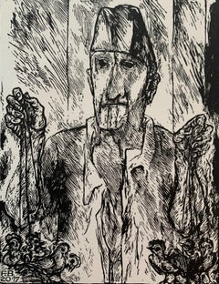 Vendedor de gallos - Linograbado en blanco y negro, Figurativo, Vertical