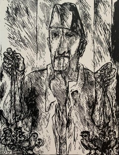 Seller of roosters - Black and white linocut, Figurative, Vertical