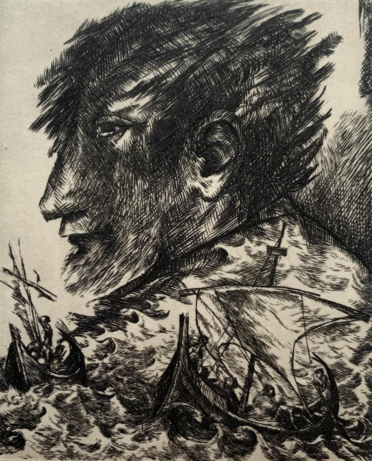 Figurative Print di Franciszek Bunsch - Ulisse. Stampa su incisione in bianco e nero, Figurativo, Artista polacco