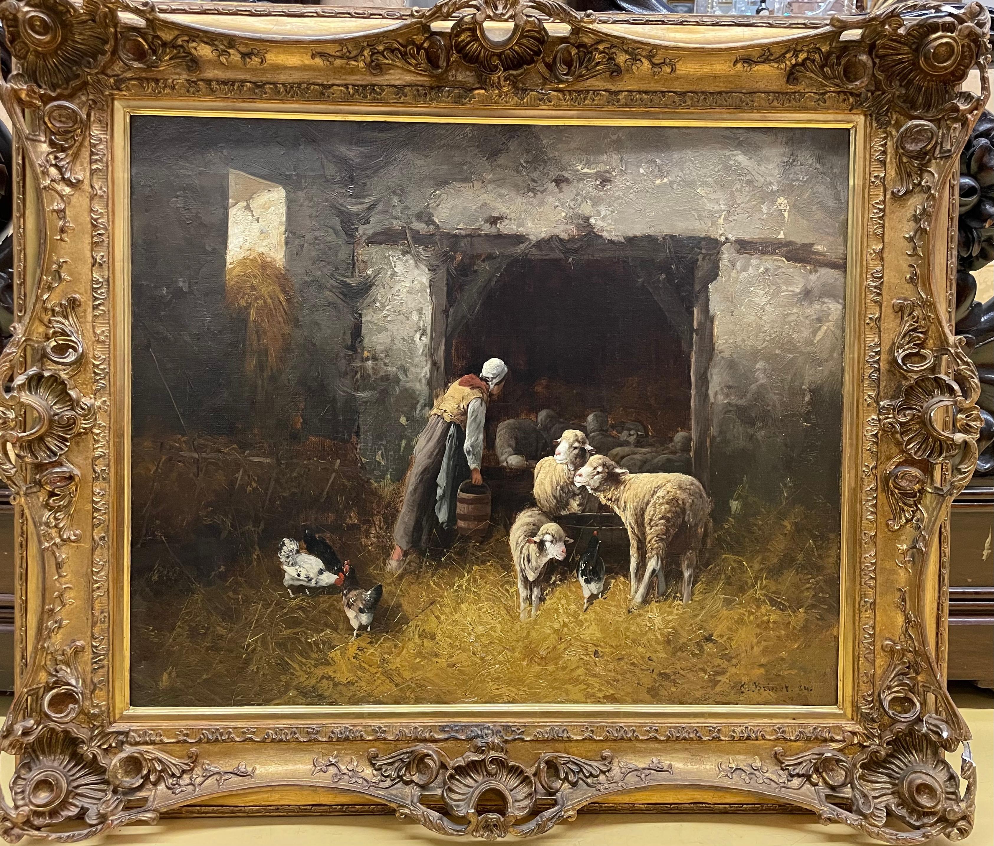 Animal Painting di Franck BRISSOT - "Donna che accudisce le sue pecore in una stalla rustica".
