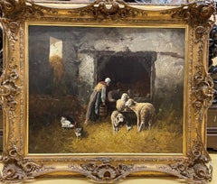 „Frau, die sich um ihre Schafe kümmert, in einer rustikalen stable setting“