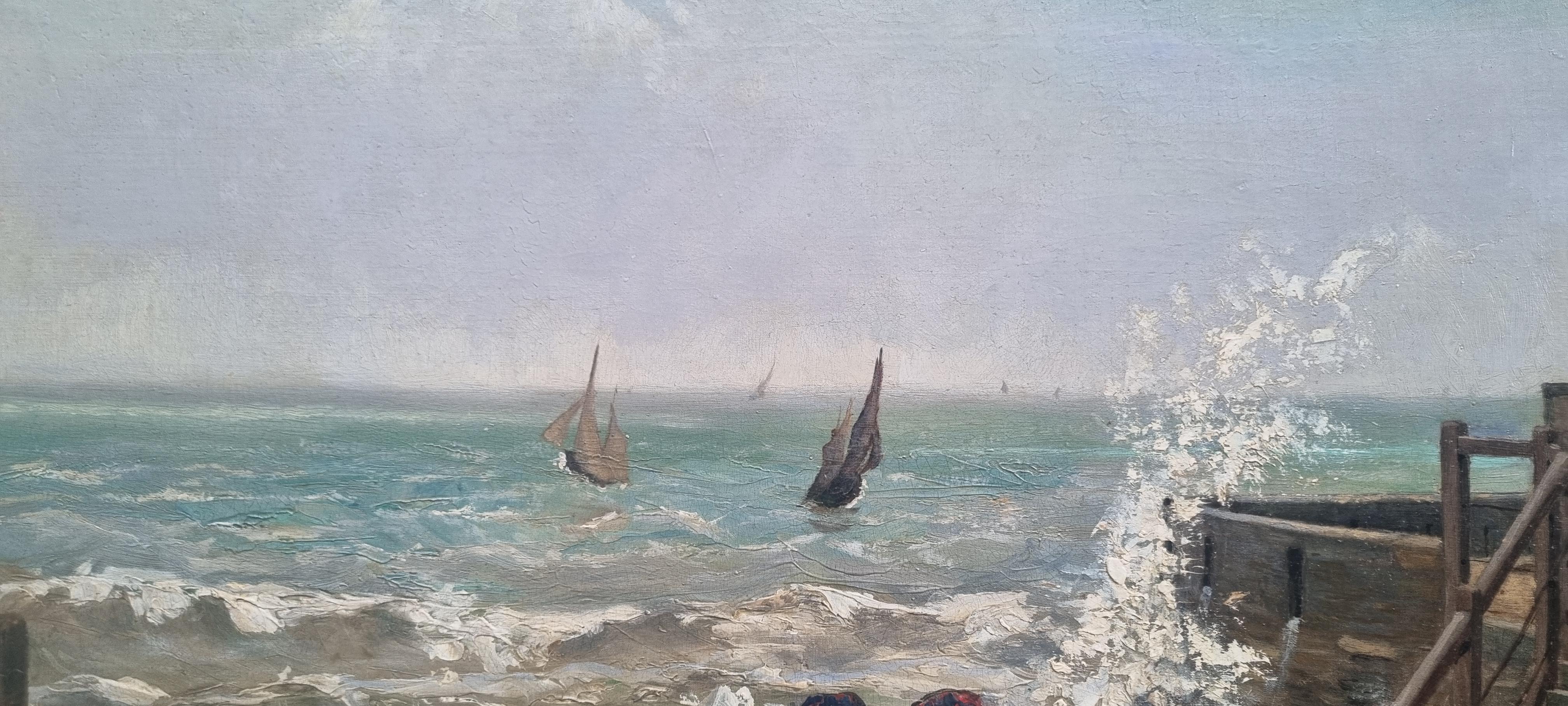 CINOT Peinture marine de Veules-les-Roses en Normandie Naturaliste français 19e - Gris Landscape Painting par Franck CINOT