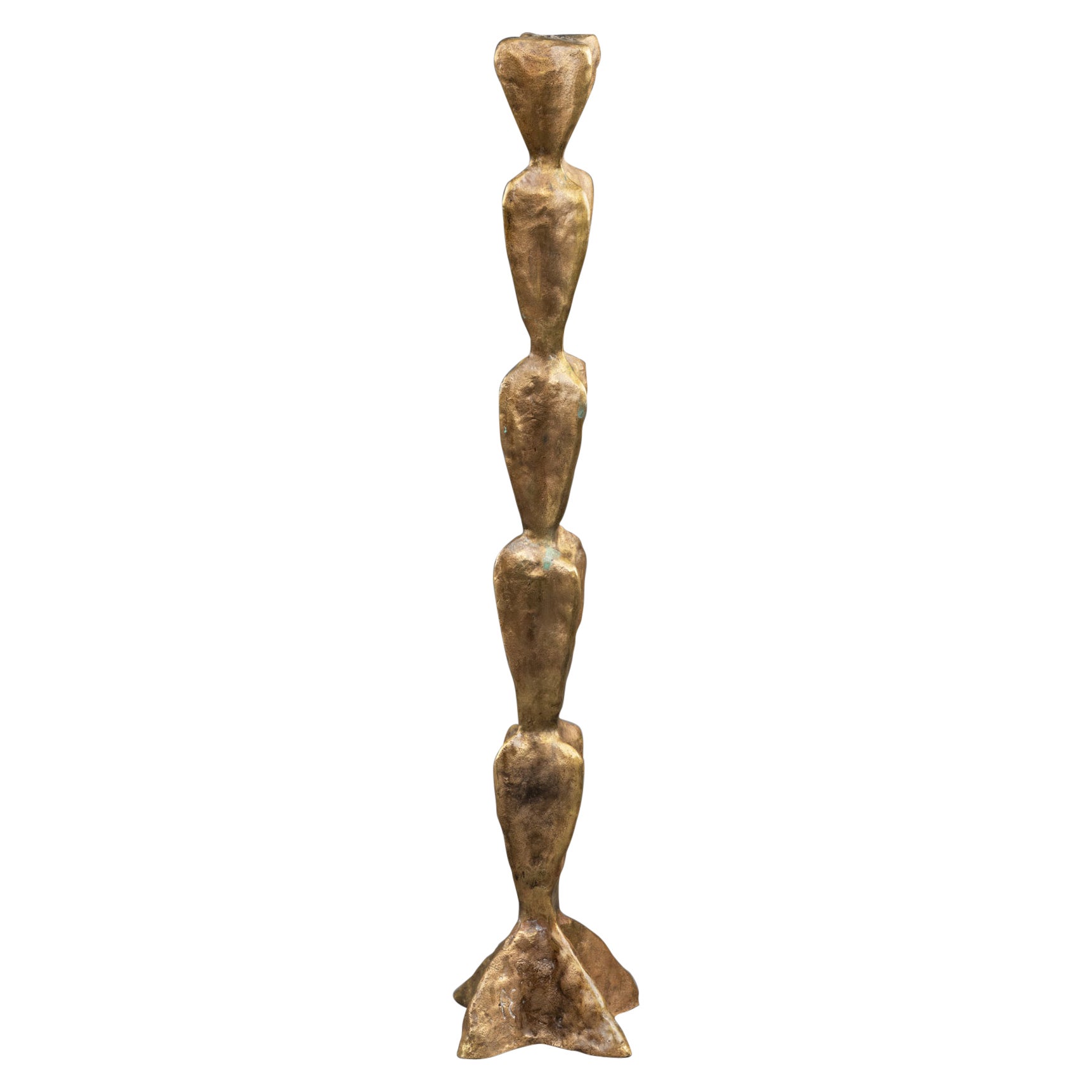 Franck Evennou : Patinated bronze candlestick - Signed - Circa 1980