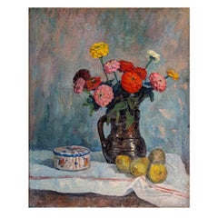 French Normandy School Post-Impressionist Oil on Canvas Still Life Flowers Fruit