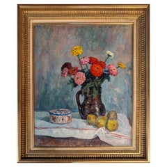 French Normandy School Post-Impressionist Oil on Canvas Still Life Flowers Fruit