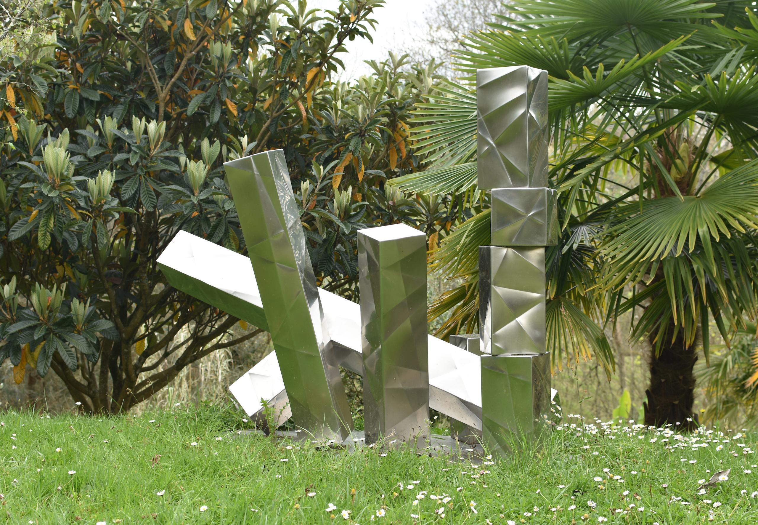 City is a unique matt polished stainless steel sculpture and stainless steel sheet base by contemporary artist Franck K, dimensions are 131 × 190 × 90 cm (51.6 × 74.8 × 35.4 in). 
The sculpture is signed and comes with a certificate of