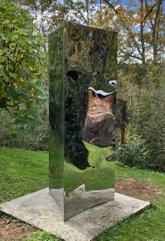 Monolith by Franck K - Large stainless steel sculpture, outdoor, reflection