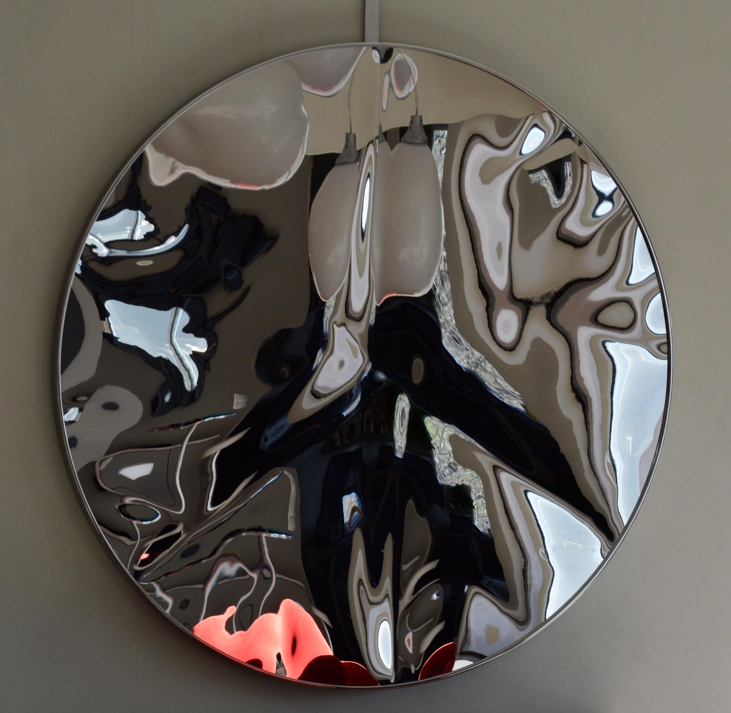 Peace and Love II is a unique mirror-polished stainless steel sculpture by contemporary artist Franck K, dimensions are 147 × 147 × 5 cm (57.9 × 57.9 × 2 in). 
The sculpture is signed and comes with a certificate of authenticity.
This piece is