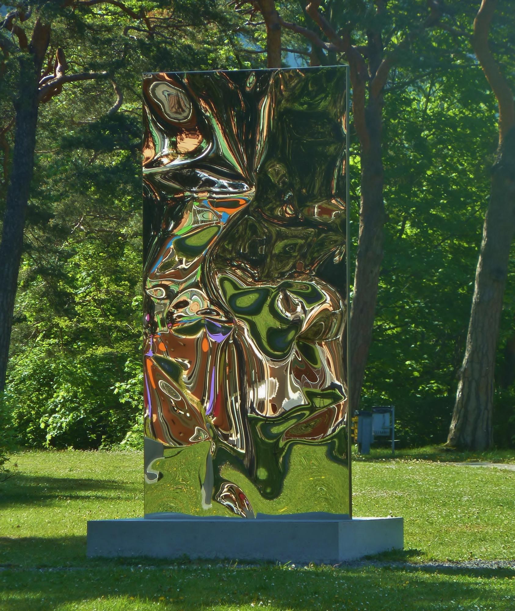 Psyche by Franck K - Stainless steel sculpture, outdoor, reflections, painted For Sale 1