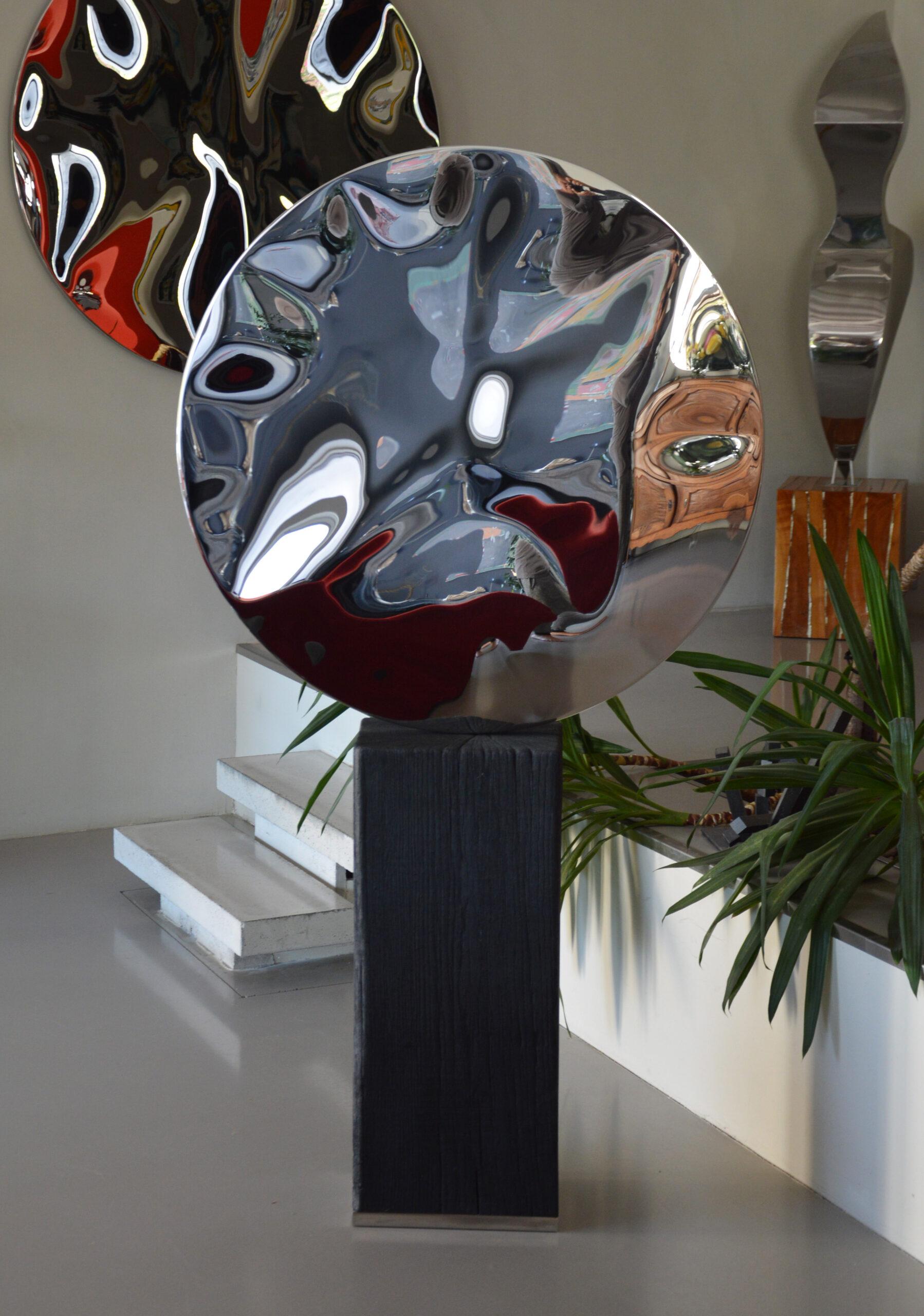 “Shattered” mirror II is a unique mirror-polished stainless steel sculpture and burnt oak or natural oak base by contemporary artist Franck K, dimensions are 173 × 97 × 31 cm (68.1 × 38.2 × 12.2 in). 
The sculpture is signed and comes with a