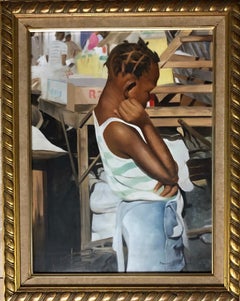 ""Pensive"" Haitianisches Gemälde, Öl auf Leinwand 24" H x 17,5" B