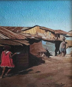 La vie quotidienne dans le ghetto - Peinture à l'huile sur toile contemporaine haïtienne originale