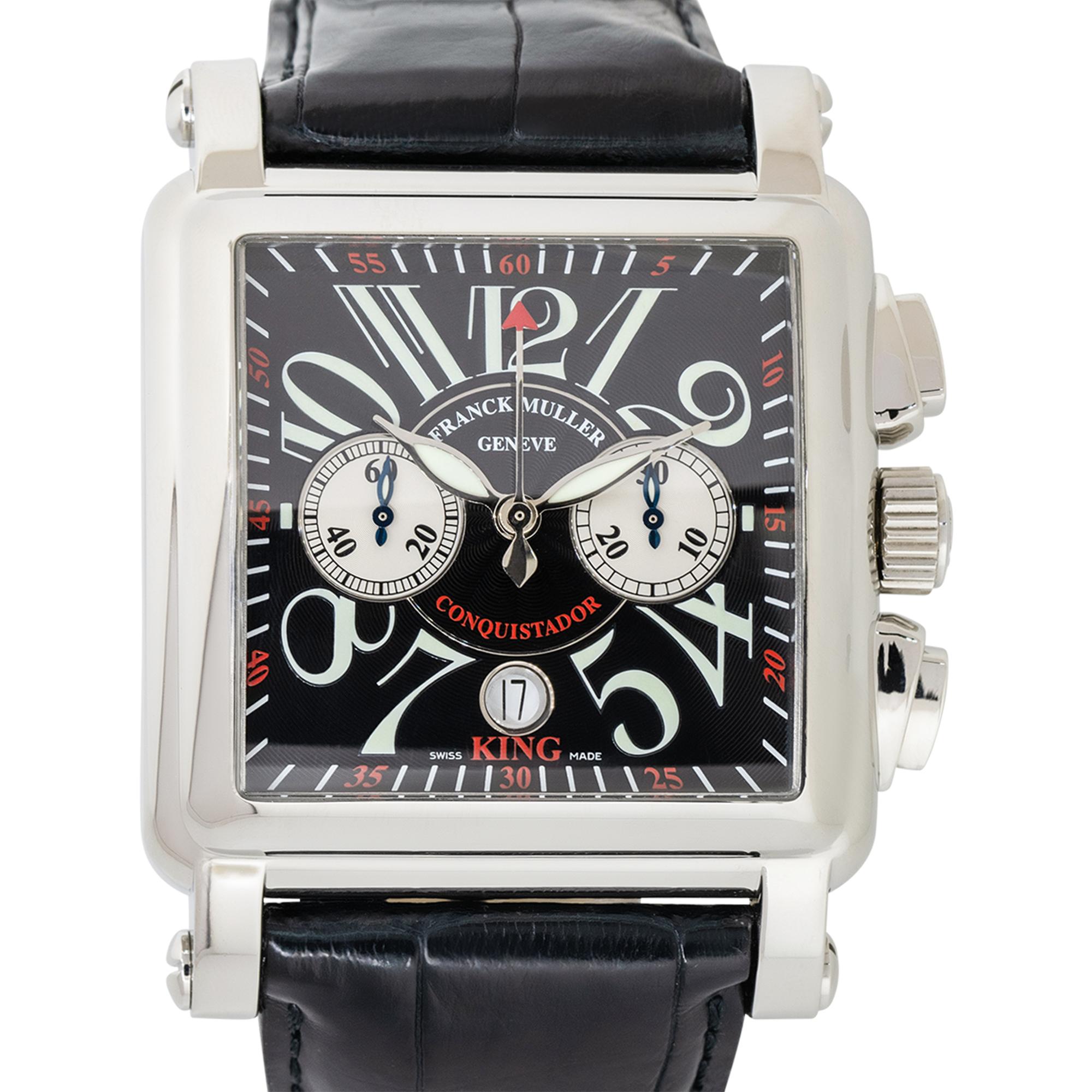 Brand: Franck Muller
MPN: 10000
Model: Conquistador Cortez
Case Material: Stainless Steel
Case Diameter: 45 mm
Crystal: Scratch resistant sapphire
Bezel: Stainless Steel
Dial: Black dial with white arabic numerals and two sub dials. Date can be