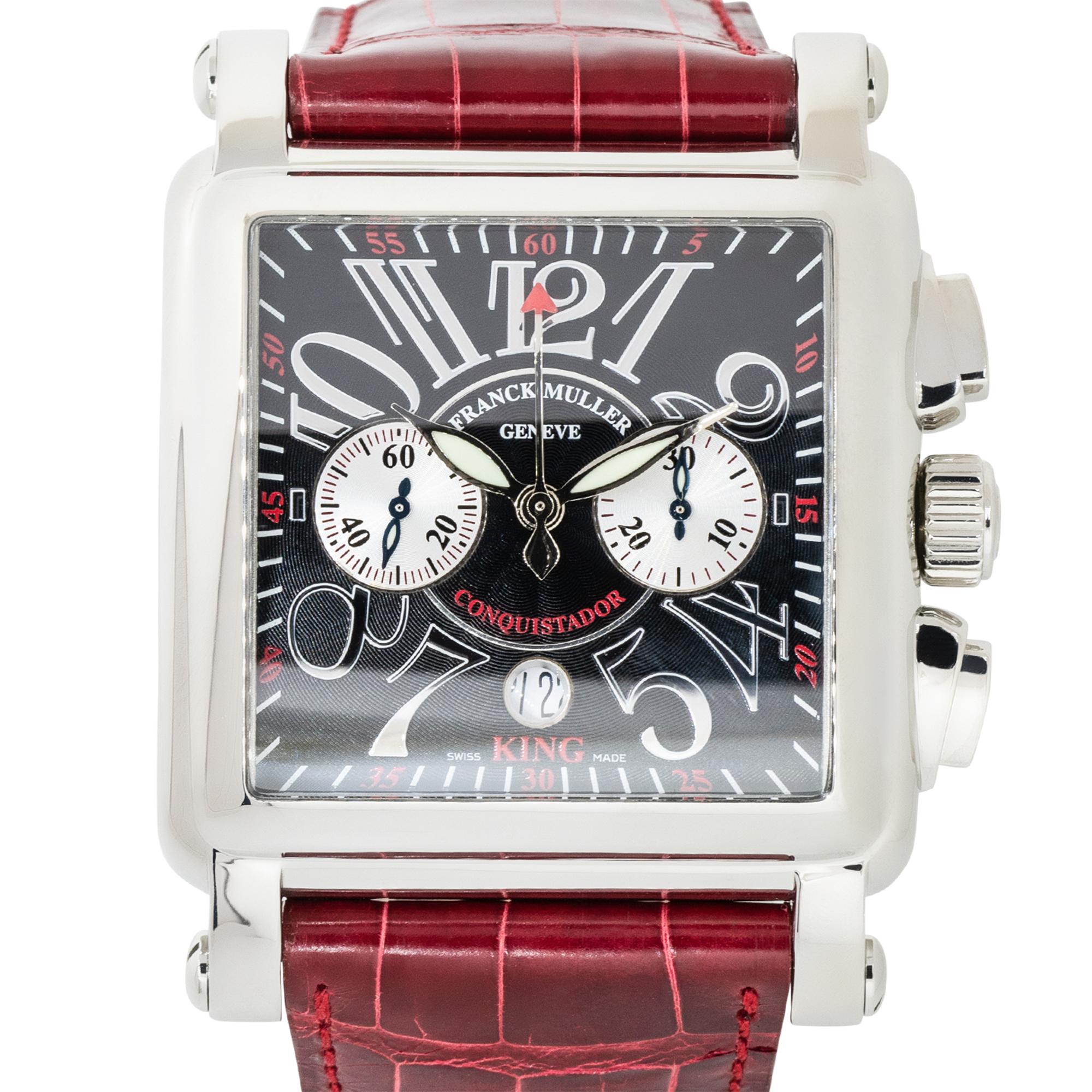 Brand: Franck Muller
MPN: 10000
Model: Conquistador K CC AC
Case Material: Stainless Steel
Case Diameter: 45 mm
Crystal: Scratch resistant sapphire
Bezel: Stainless Steel
Dial: Black dial with white arabic numerals and two sub dials. Date can be